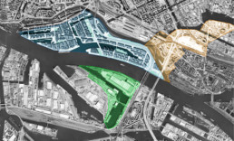 Luftbild des Gebietes um die Elbbrücken mit Hervorheungen von HafenCity, Grasbrook und Billebogen