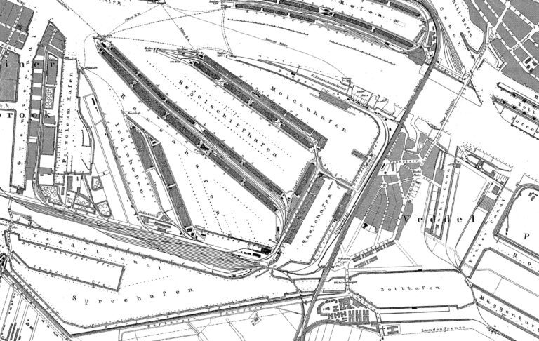 Historischer Plan des Grasbrooks und der Veddel. Aufteilung in die unterschiedlichen Häfen