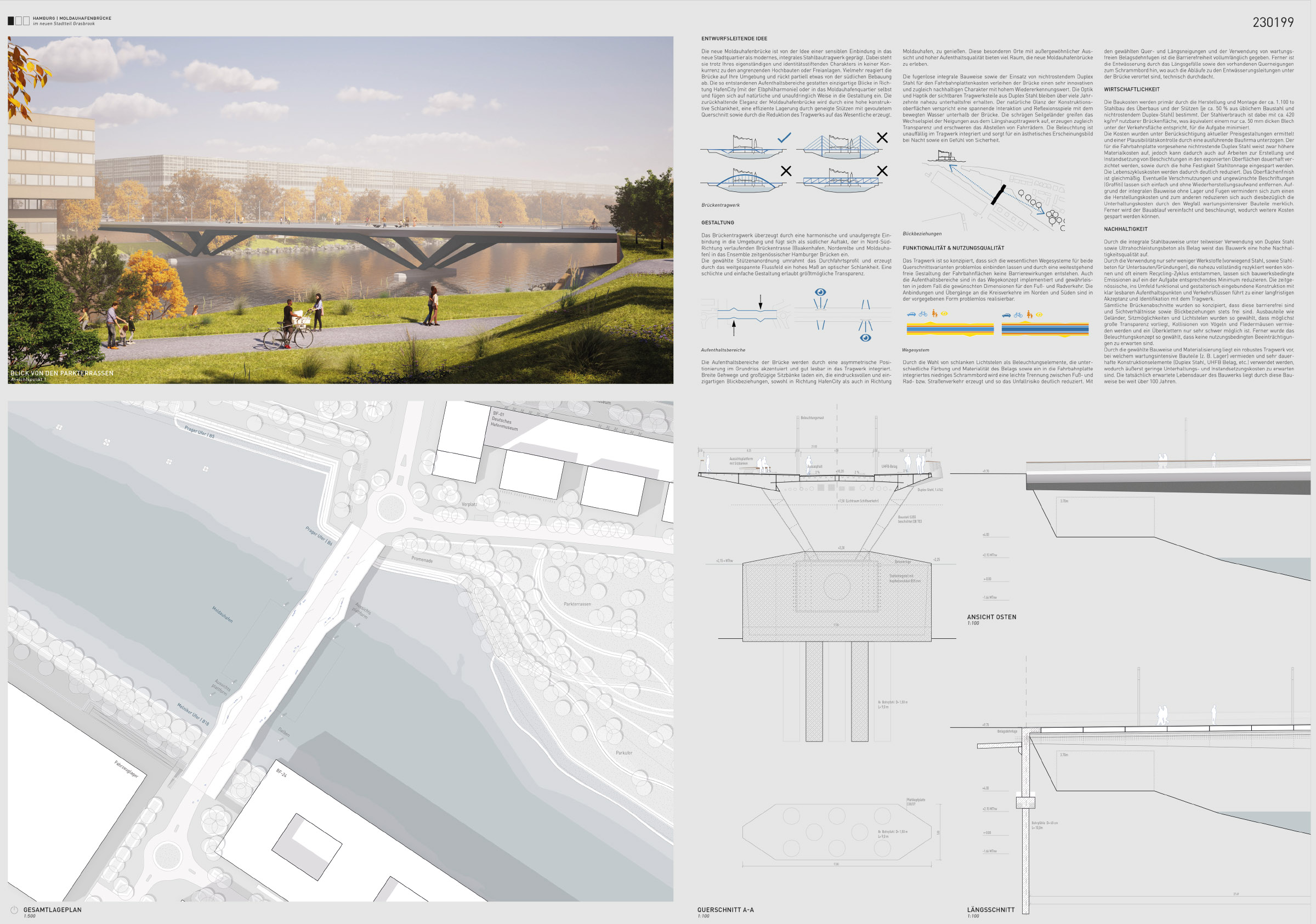 Grafik mit Visualisierungen, technischen Zeichnungen und Lageplan der Moldauhafenbrücke