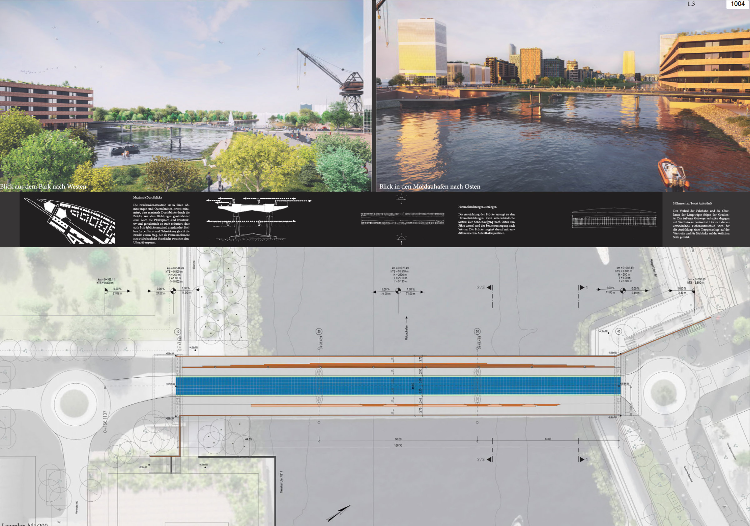 Grafik mit Visualisierungen und Lageplan der Moldauhafenbrücke