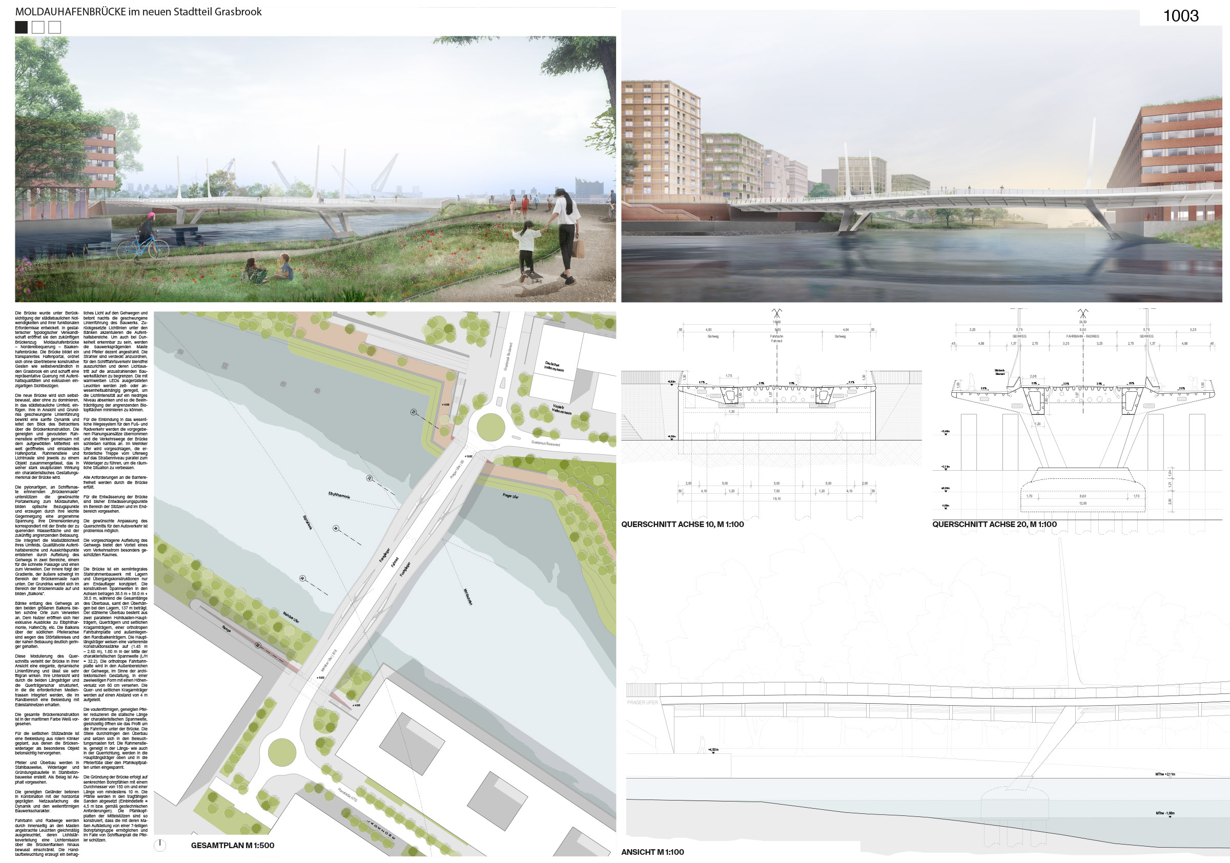 Grafik mit Visualisierungen, technischen Zeichnungen und Lageplan der Moldauhafenbrücke