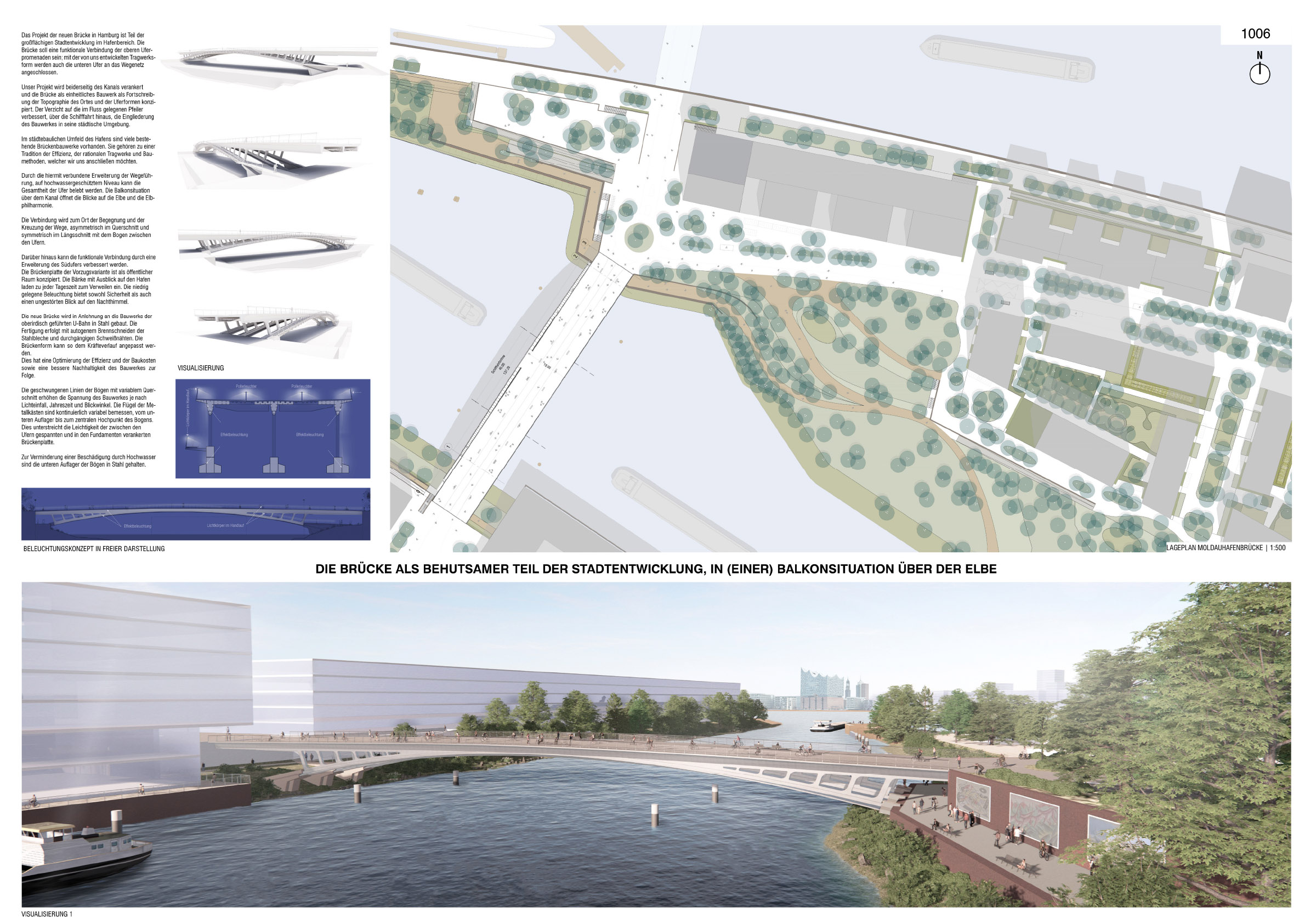 Grafik mit Visualisierungen, technischen Zeichnungen und Lageplan der Moldauhafenbrücke