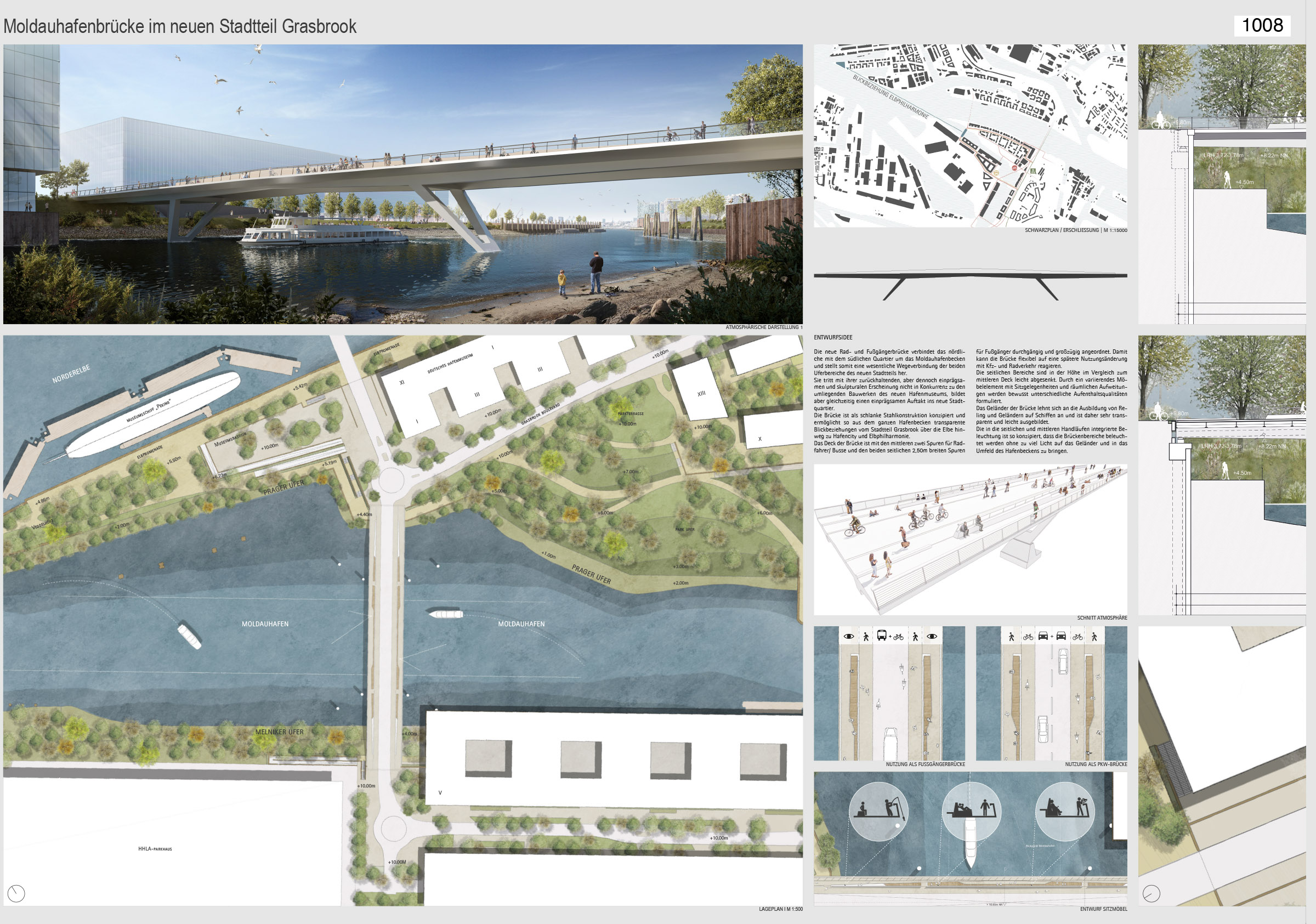 Grafik mit Visualisierungen, technischen Zeichnungen und Lageplan der Moldauhafenbrücke