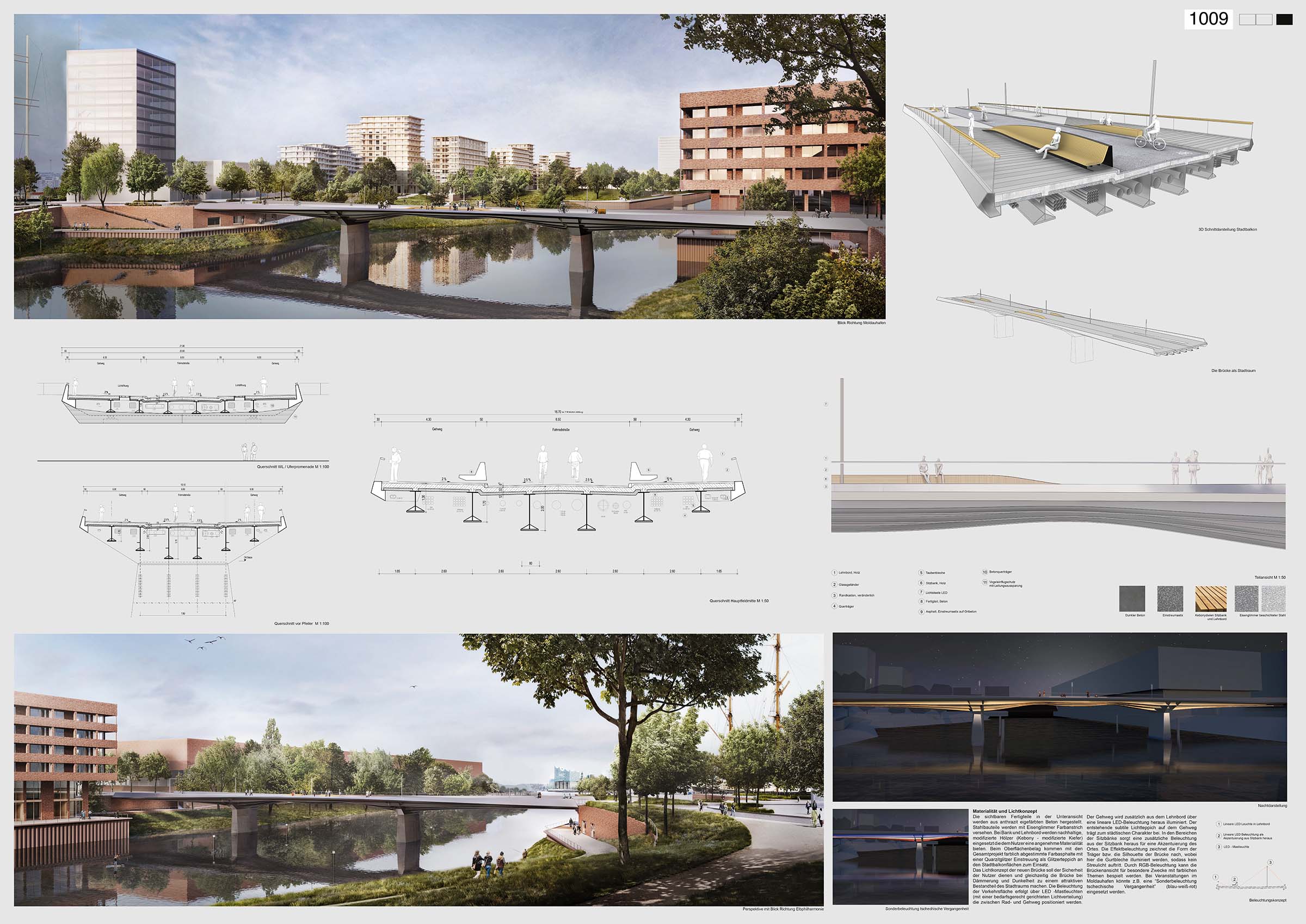 Grafik mit Visualisierungen und technischen Zeichnungen der Moldauhafenbrücke