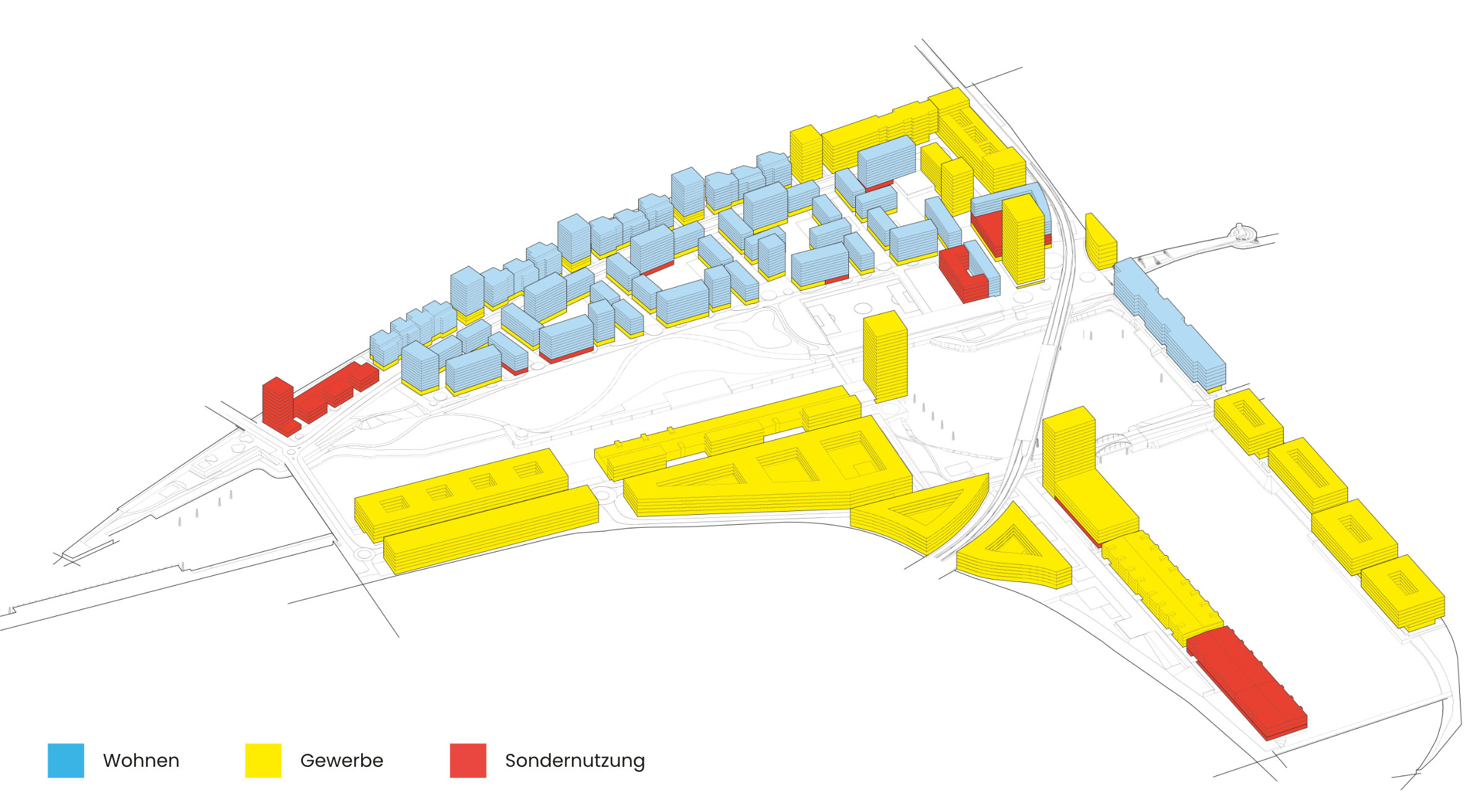 Grafik des Grasbrooks, die die Nutzungsverteilung zwischen Wohnen, Gewerbe und Sondernutzung im Stadtteil darstellt