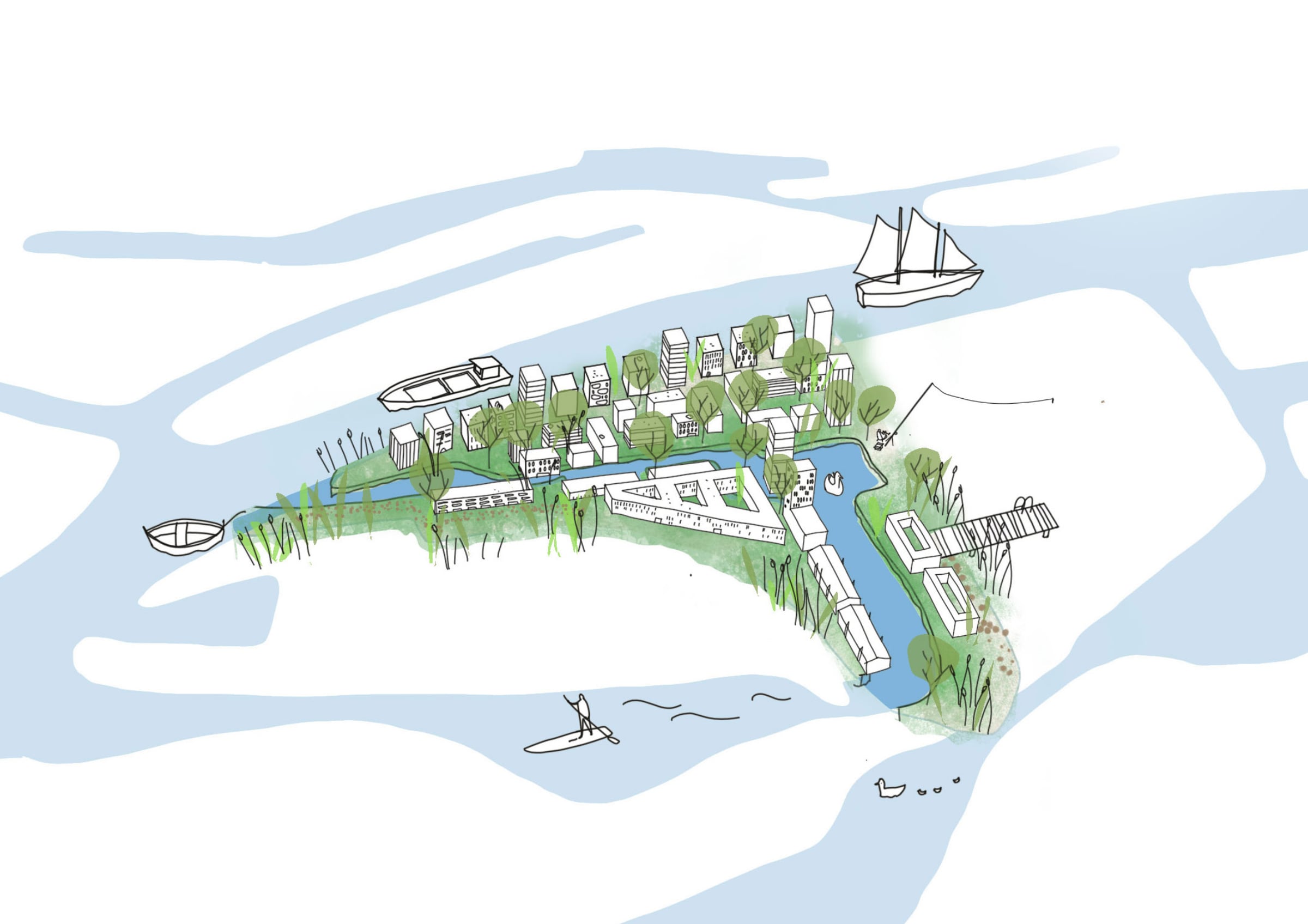 Illustration: Plan des Grasbrooks mit der Hervorhebung von Grünflächen und Wasser, darin Boote