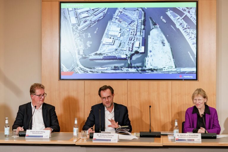 Franz-Josef Höing, Andreas Kleinau und Dorothee Stapelfeldt bei Landespressekonferenz. Im Hintergrund ist ein Bild des Grasbrooks