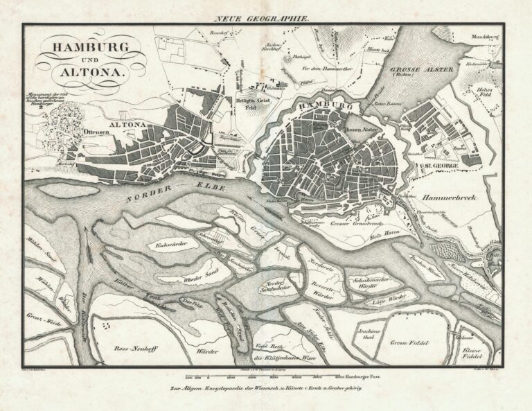 Historische Karte von Hamburg in historischen Stadtmauern und Altona, im Süden die Elbarme