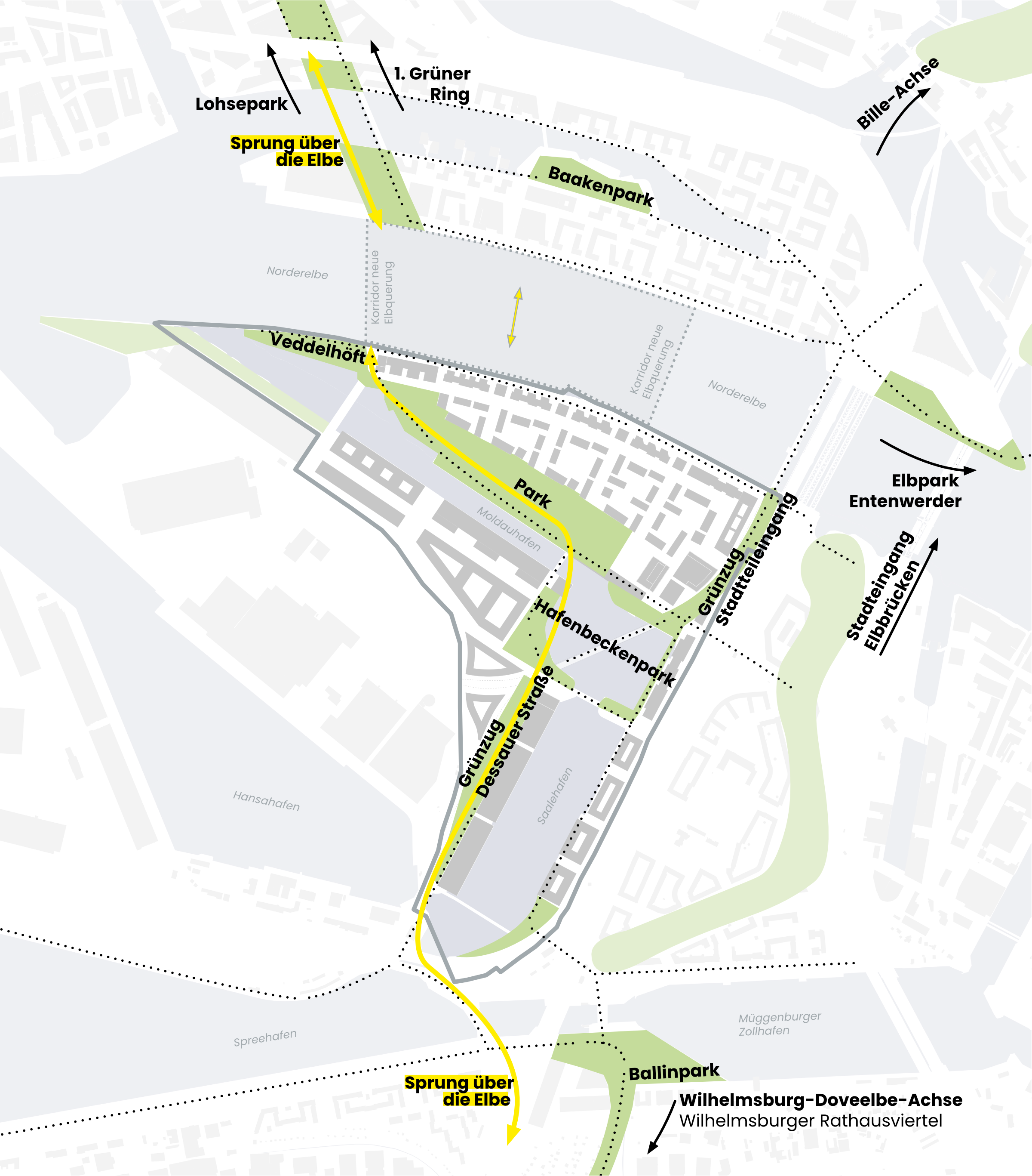 Schematischer Plan des Grasbrook mit Freiräumen und Verbindungen zu umliegenden Stadtteilen