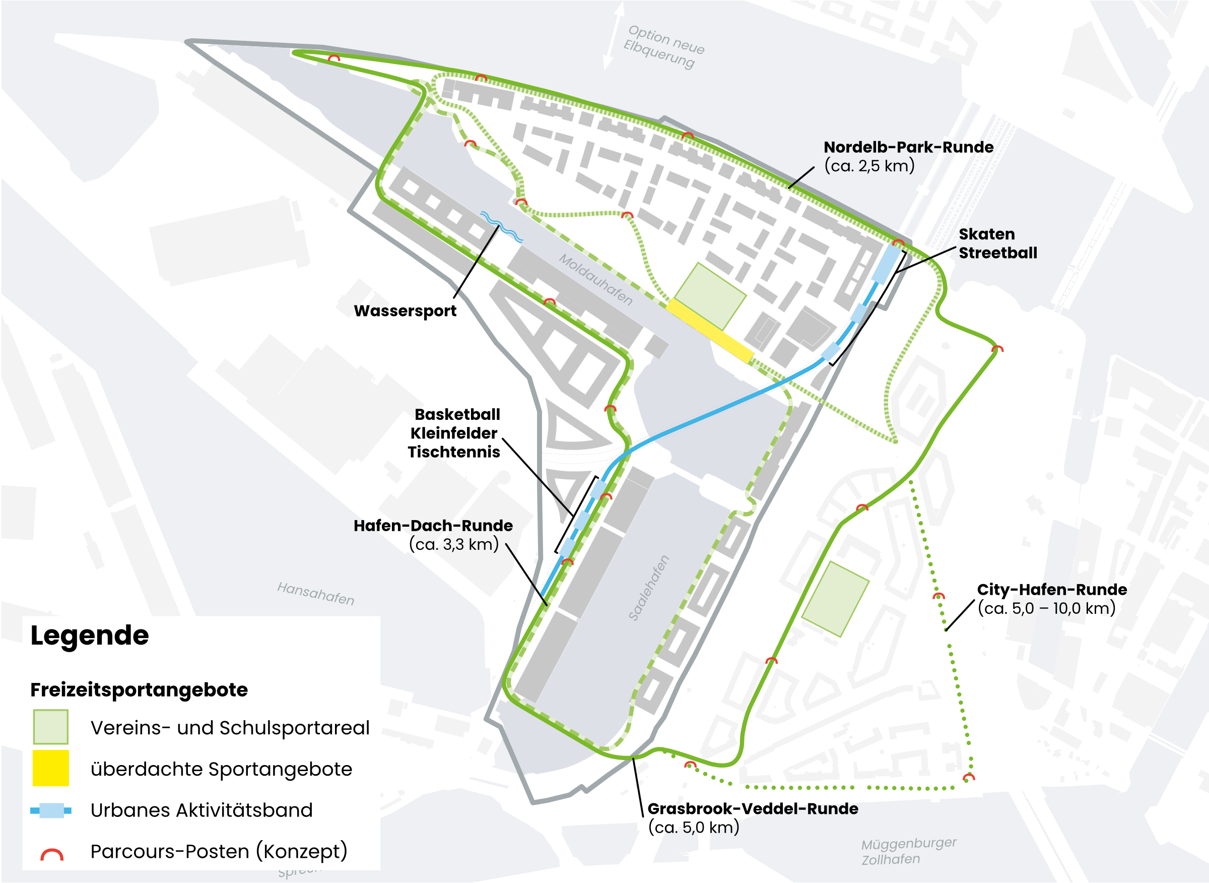 Schematischer Plan des Grasbrooks mit Hervorhebungen für Sportflächen und Sportrouten