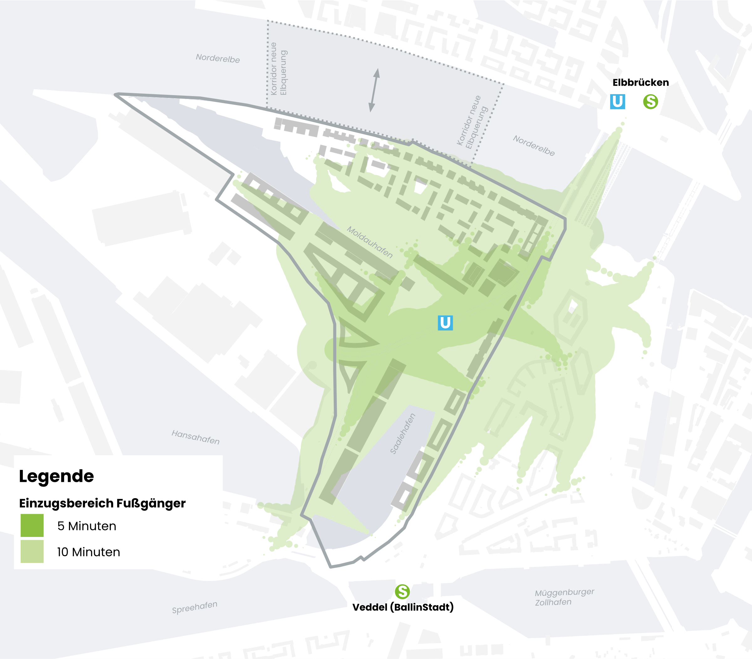 Schematischer Plan des Grasbrooks mit Bahnhöfen und deren Einzugsbereich in Minuten