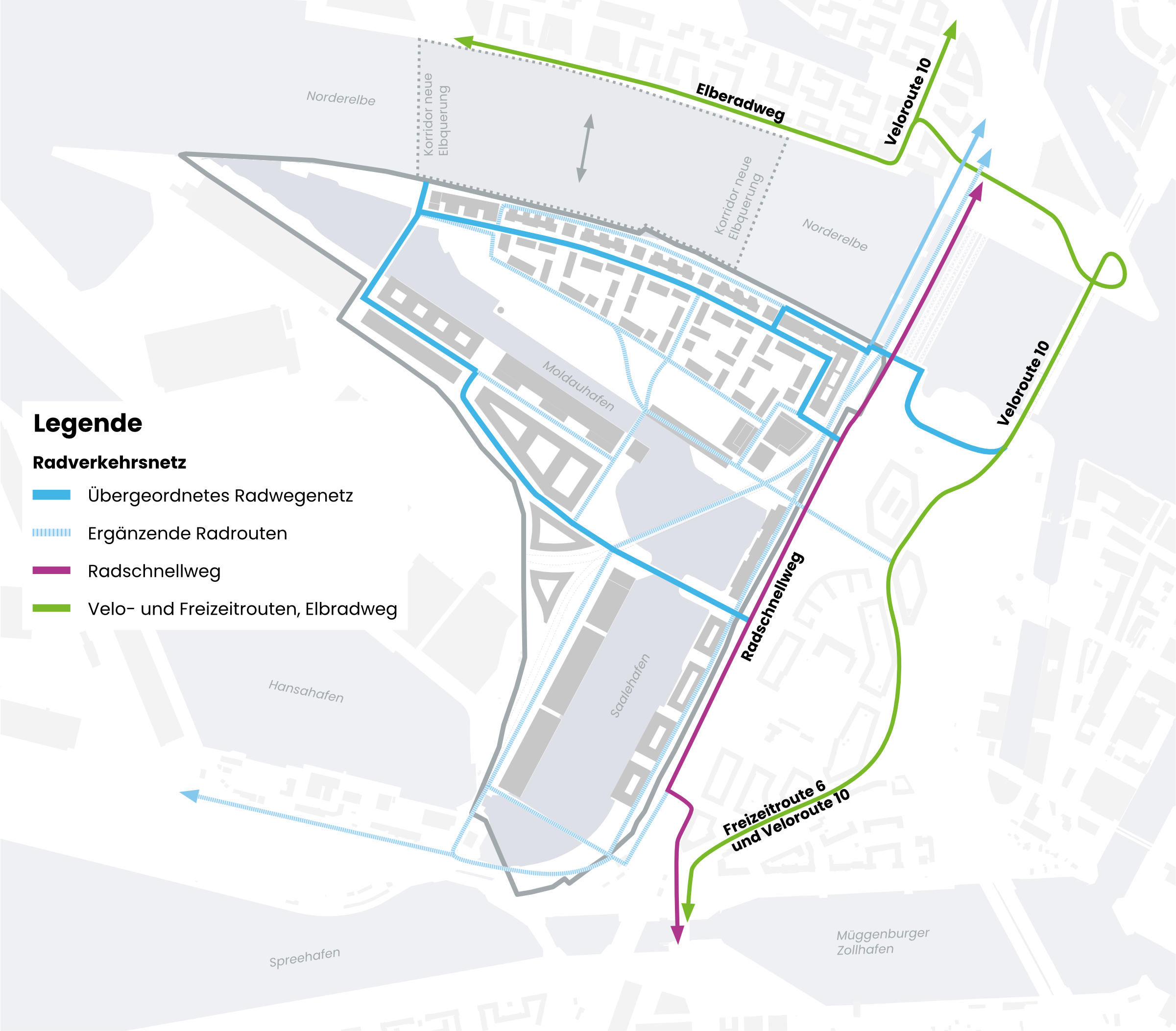 Schematischer Plan des Grasbrook mit Radverkehrsnetz