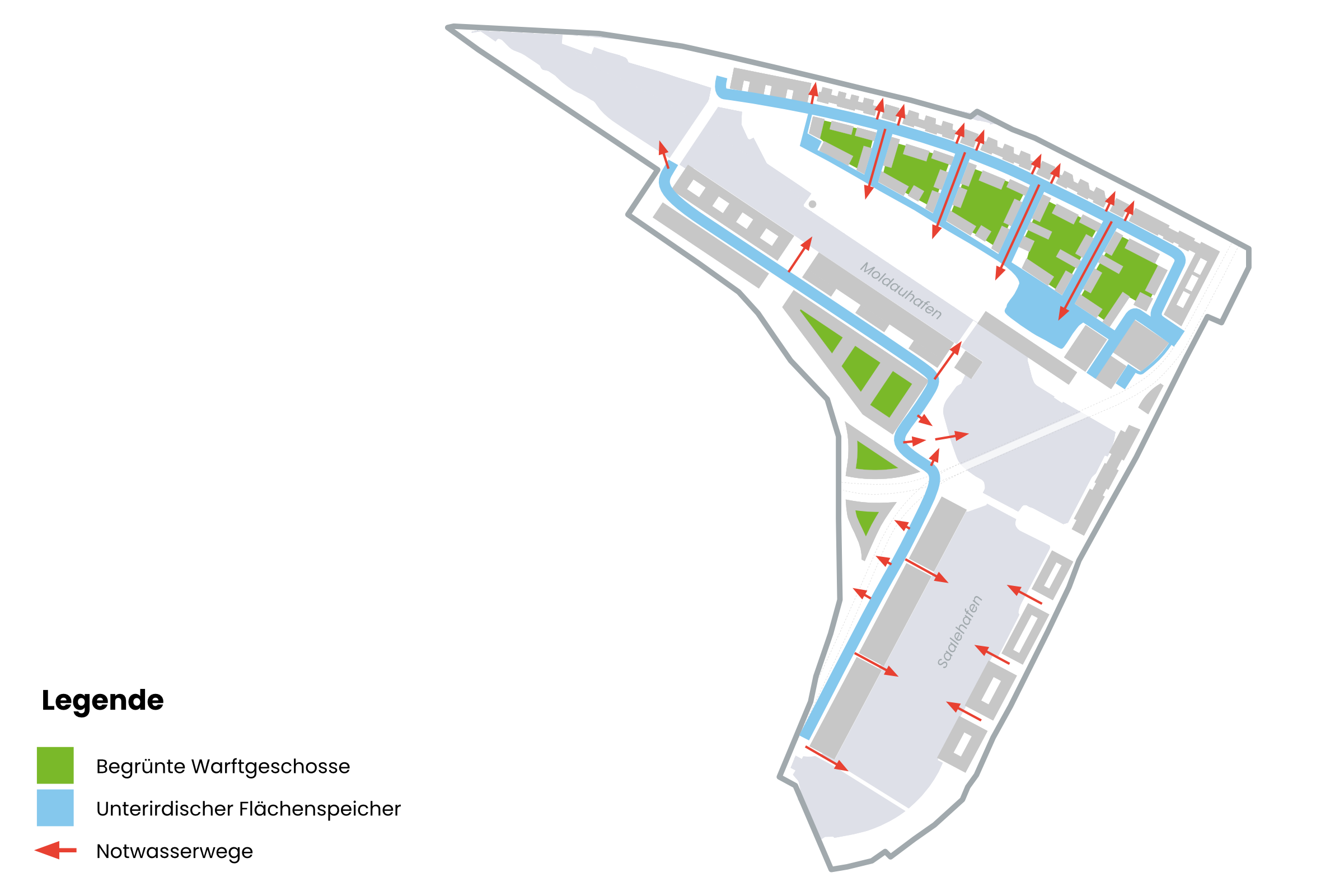 Schematischer Plan des Grasbrook mit Hervorhebung von Warftgeschossen und Flächenspeichern