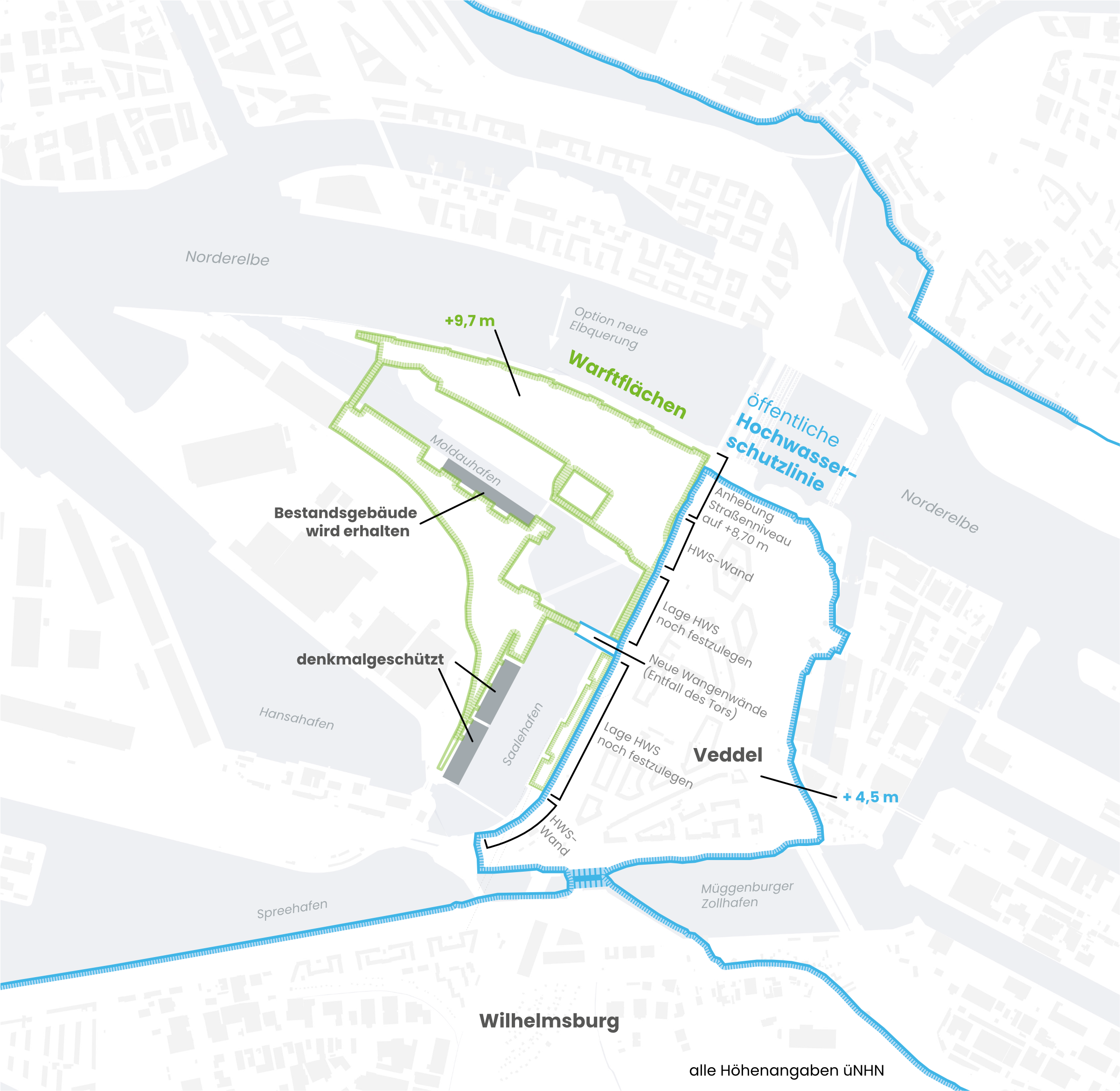 Plan des Grasbrooks und der Veddel mit Warftflächen und Hochwasserschutzlinien